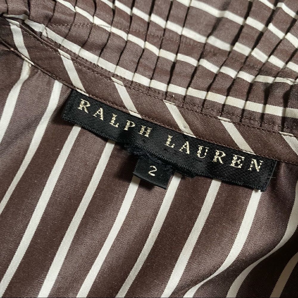 Ralph Lauren Polished Cotton Poplin Brown & White Accordion Pleat Ruffle Blouse - Picture 2 of 10